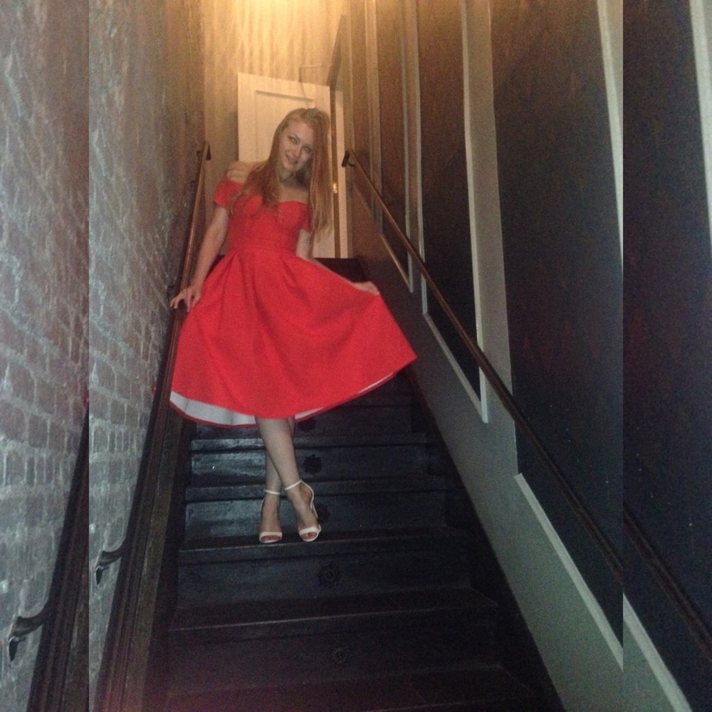 💃 Asos Off The Shoulder Sweetheart Bardot Red Prom A-line Full Skirt Dress - Picture 10 of 11